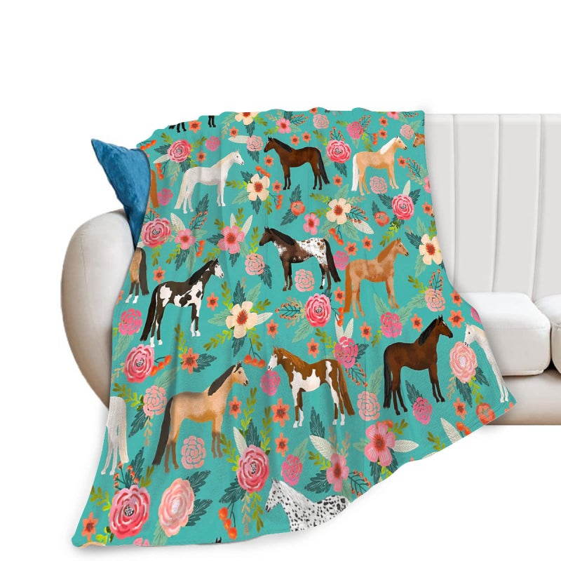Tourrest Horse Print Throw Blanket Horses and Flowers Pattern Blanket for Girls Kids Adults Super Warm Soft Cozy Plush Fleece Flannel Blanket for Sofa Couch Bed Birthday Gifts 40""x50"" 1 - Image 1