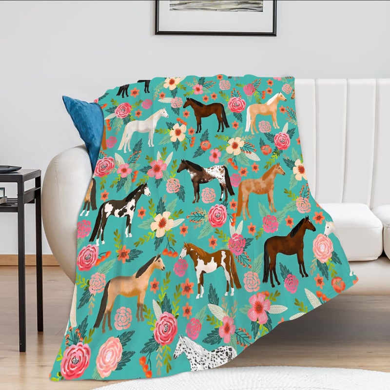 Tourrest Horse Print Throw Blanket Horses and Flowers Pattern Blanket for Girls Kids Adults Super Warm Soft Cozy Plush Fleece Flannel Blanket for Sofa Couch Bed Birthday Gifts 40""x50"" 1 - Image 2