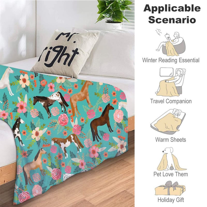 Tourrest Horse Print Throw Blanket Horses and Flowers Pattern Blanket for Girls Kids Adults Super Warm Soft Cozy Plush Fleece Flannel Blanket for Sofa Couch Bed Birthday Gifts 40""x50"" 1 - Image 5
