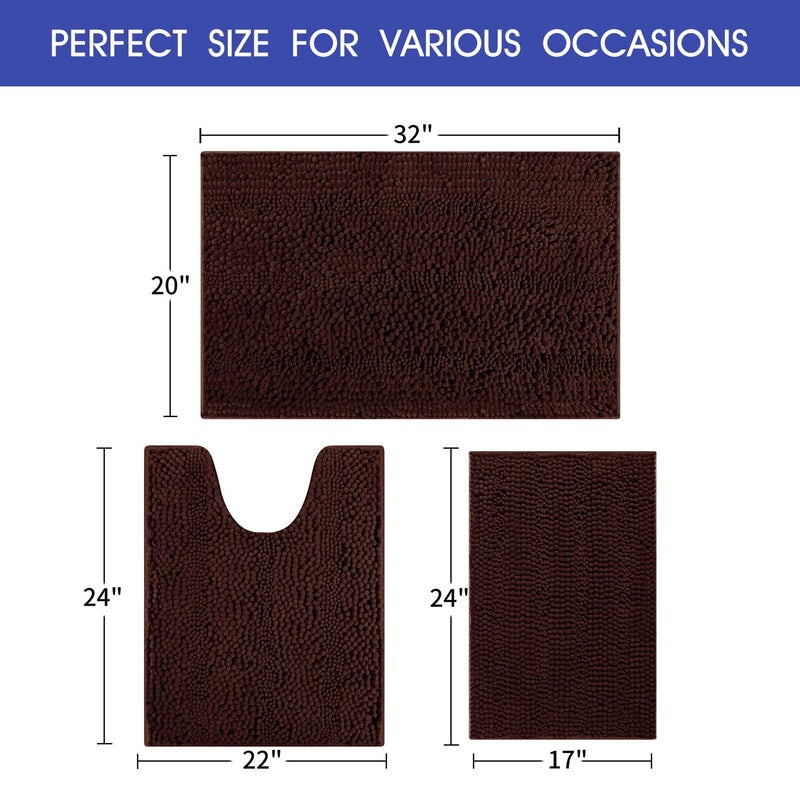 ACCUMTEK Striped Brown Bathroom Rug Set 3 Pieces Ultra Soft, Non Slip Chenille Toilet Mat, Absorbent Plush Shaggy Bath Mats for Bathroom, Bedroom, Kitchen - Image 5