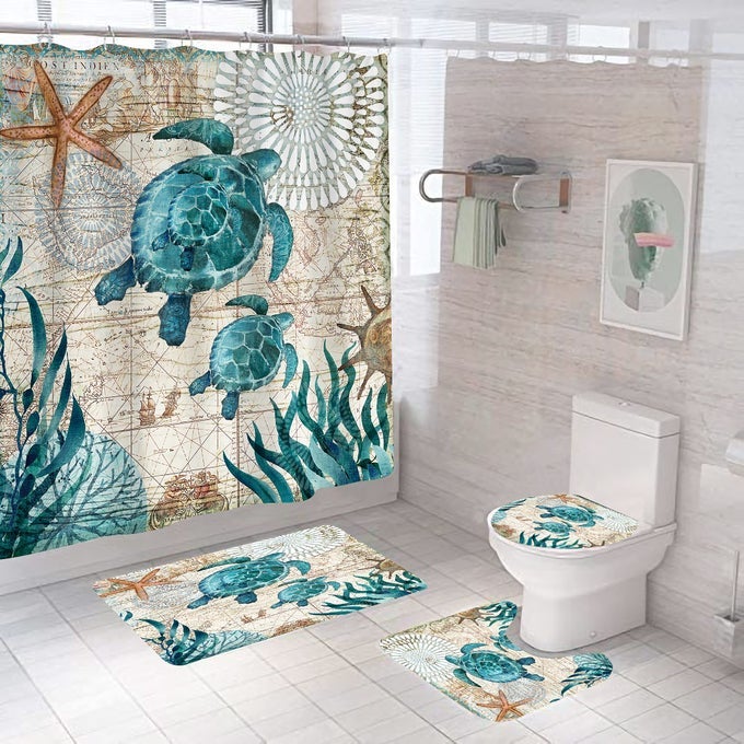 NAUTICAL BLUE SEA BATHROOM SETS WITH SHOWER CURTAIN AND RUGS AND ACCESSORIES OCEAN TURTLE SHOWER CURTAIN SETS WITH 12 HOOKS BATH MAT SET BATHROOM DECOR BY DURABLE WATERPROOF FABRIC