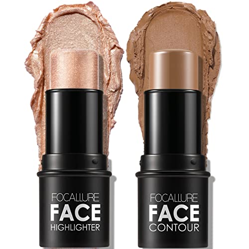 FOCALLURE 2 Pcs Mineral Cream Contour StickMoisturize Highlighter and Bronzer PenNon Stick Face Brightens Shades PencilLong Lasting Smooth Gliding Face Illuminator MakeupMedium - Image 1