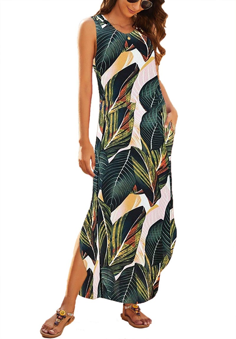 Hount Sun Dresses for Women 2026 Vacation Casual Summer Boho Floral Print Maxi Dress Plus Size Leaf Print M - Image 2