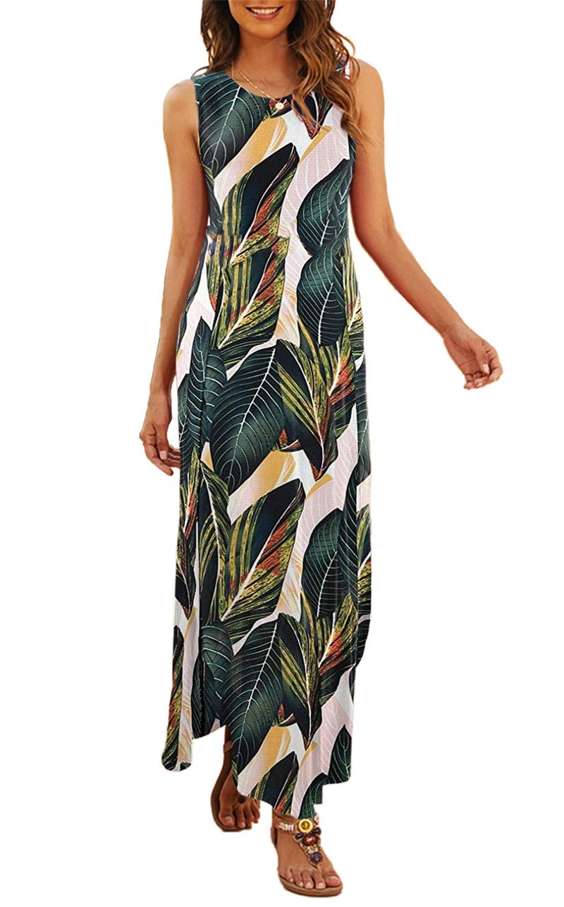 Hount Sun Dresses for Women 2026 Vacation Casual Summer Boho Floral Print Maxi Dress Plus Size Leaf Print M - Image 1