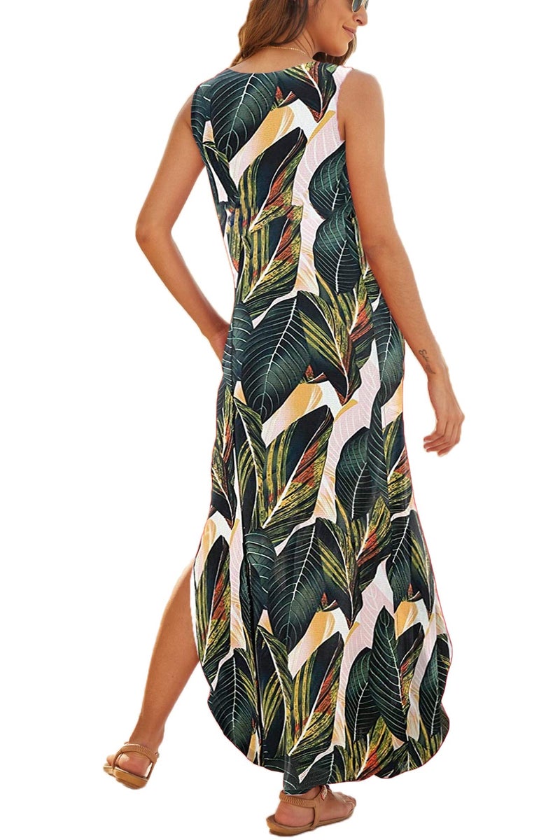Hount Sun Dresses for Women 2026 Vacation Casual Summer Boho Floral Print Maxi Dress Plus Size Leaf Print M - Image 3