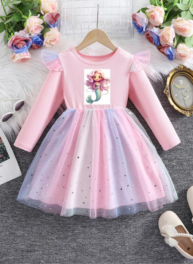 تايك تو فستان شبكي بتفاصيل كشكش وطبعة جرافيك - Image 1