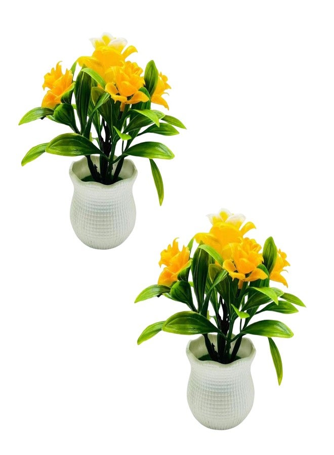 Dwuww 2Pcs Yellow Artificial Flowers, Fake Flowers, Artificial Plants Indoor, Artificial Potted Plants 5 Rose Flower Head Wedding Faux Floral Bonsai Indoor Outdoor Desktop Decoration - Image 1
