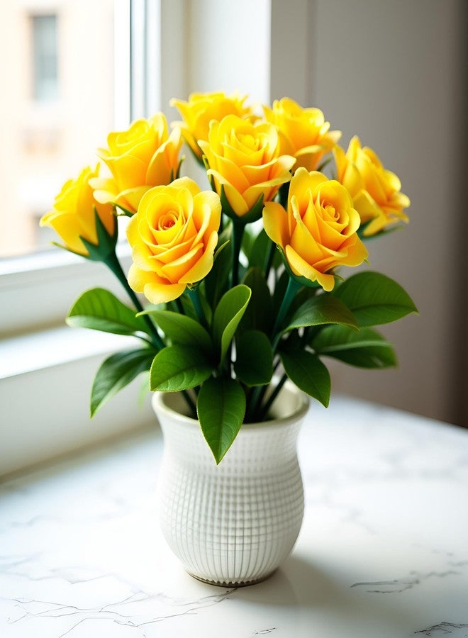 Dwuww 2Pcs Yellow Artificial Flowers, Fake Flowers, Artificial Plants Indoor, Artificial Potted Plants 5 Rose Flower Head Wedding Faux Floral Bonsai Indoor Outdoor Desktop Decoration - Image 4