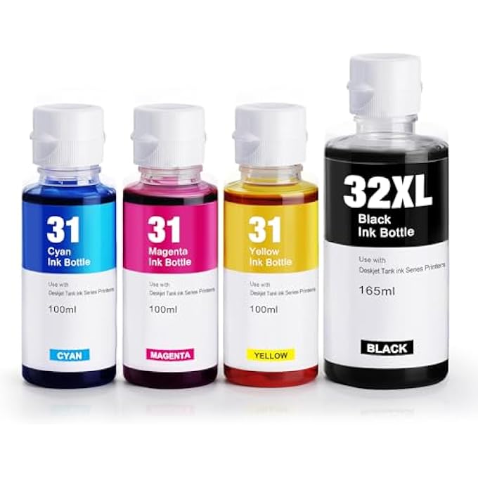 31 COLOUR 32XL BLACK INK BOTTLE COMPATIBLE WITH HP 31 32XL FOR HP SMART TANK 5105 5106 5107 7005 7305 7605 7606 SERIES AND SMART TANK PLUS 455 515 530 570 PRINTERS (4 BOTTLES)