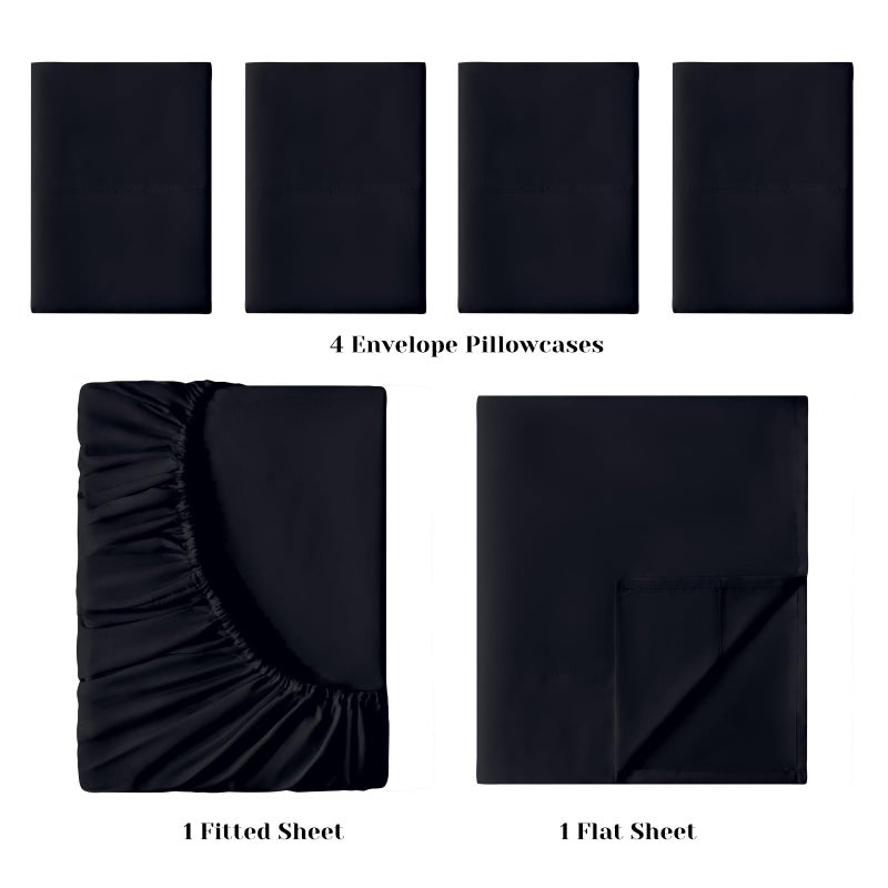 BYSURE مجموعة صفائح سرير من 6 قطع (أسود كامل) - فاخرة فاخرة Super 1800 Thread Count 100 ٪ من ألواح الألياف الدقيقة مع جيوب عميقة التجاعيد وتتلاشى مقاومة - Image 3