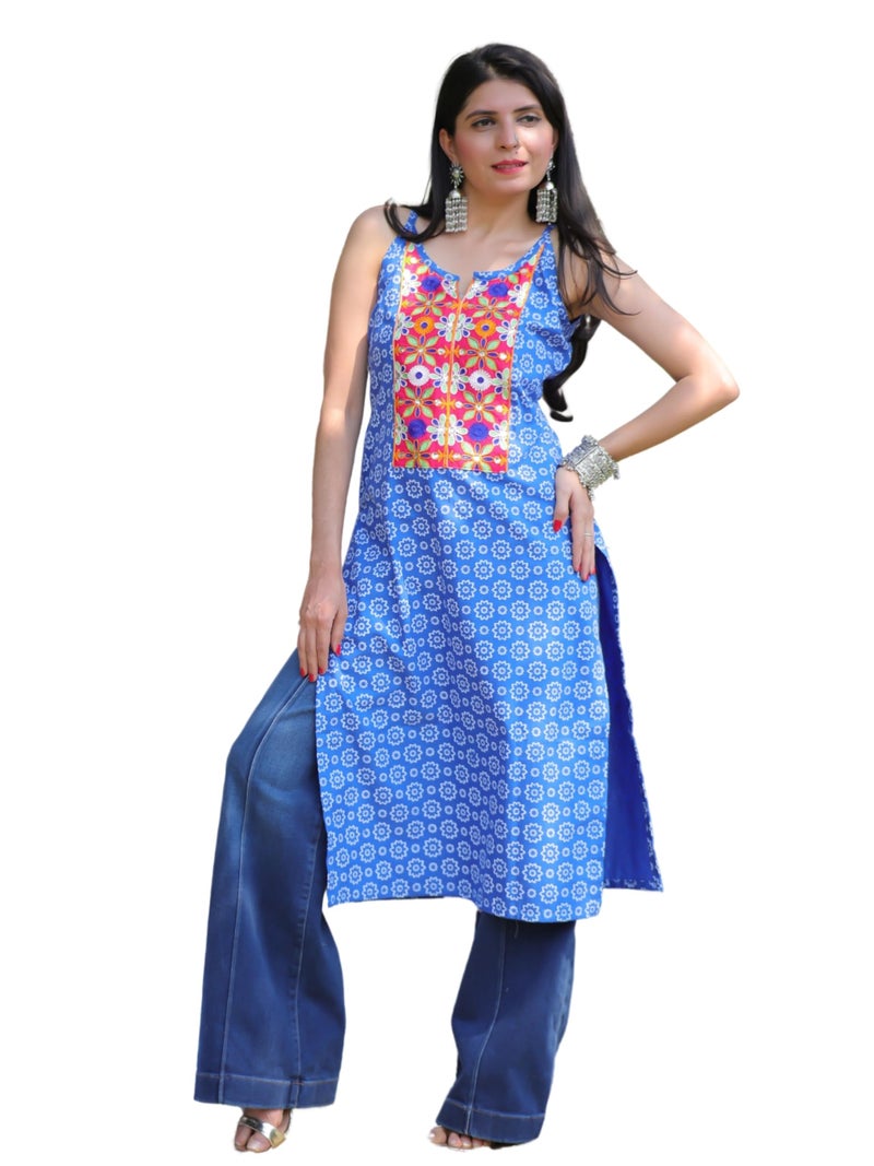 EthnicJunction Women's Cotton Blend Patch Work Shoulder Strpe Sleeveless Kurta Blue - Image 1