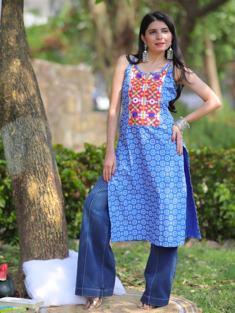 EthnicJunction Women's Cotton Blend Patch Work Shoulder Strpe Sleeveless Kurta Blue - Image 4