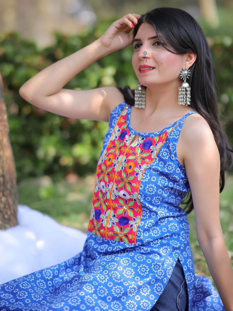 EthnicJunction Women's Cotton Blend Patch Work Shoulder Strpe Sleeveless Kurta Blue - Image 3