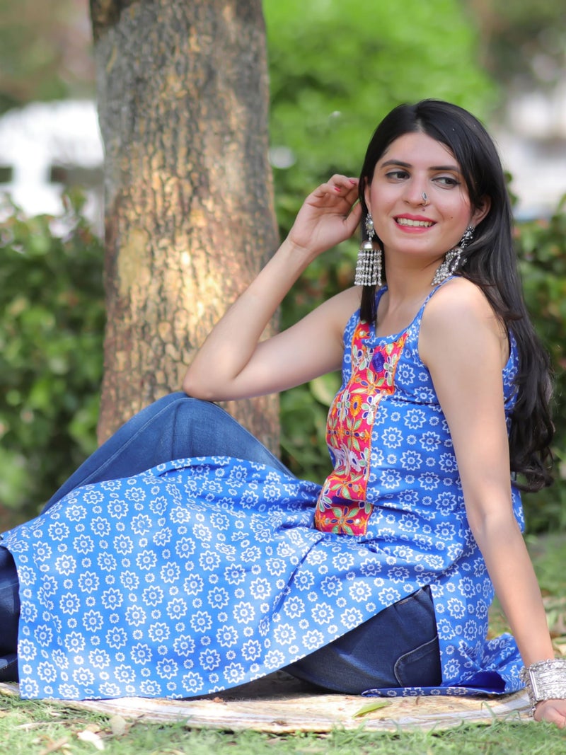 EthnicJunction Women's Cotton Blend Patch Work Shoulder Strpe Sleeveless Kurta Blue - Image 5