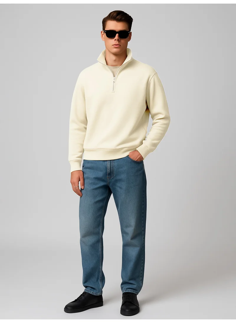 Maniac Maniac Mens Plain High Neck Full Sleeve Cream Cotton Fleece Sweatshirt