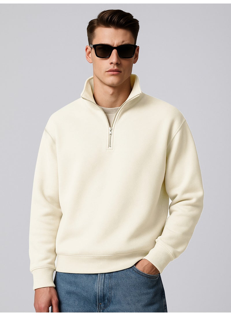 Maniac Mens Plain High Neck Full Sleeve Cream Cotton Fleece Sweatshirt - Image 1