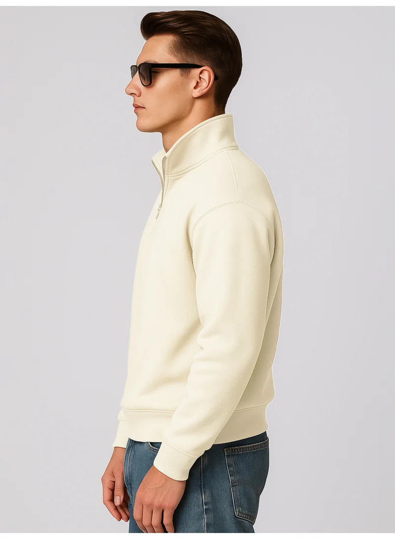 Maniac Maniac Mens Plain High Neck Full Sleeve Cream Cotton Fleece Sweatshirt