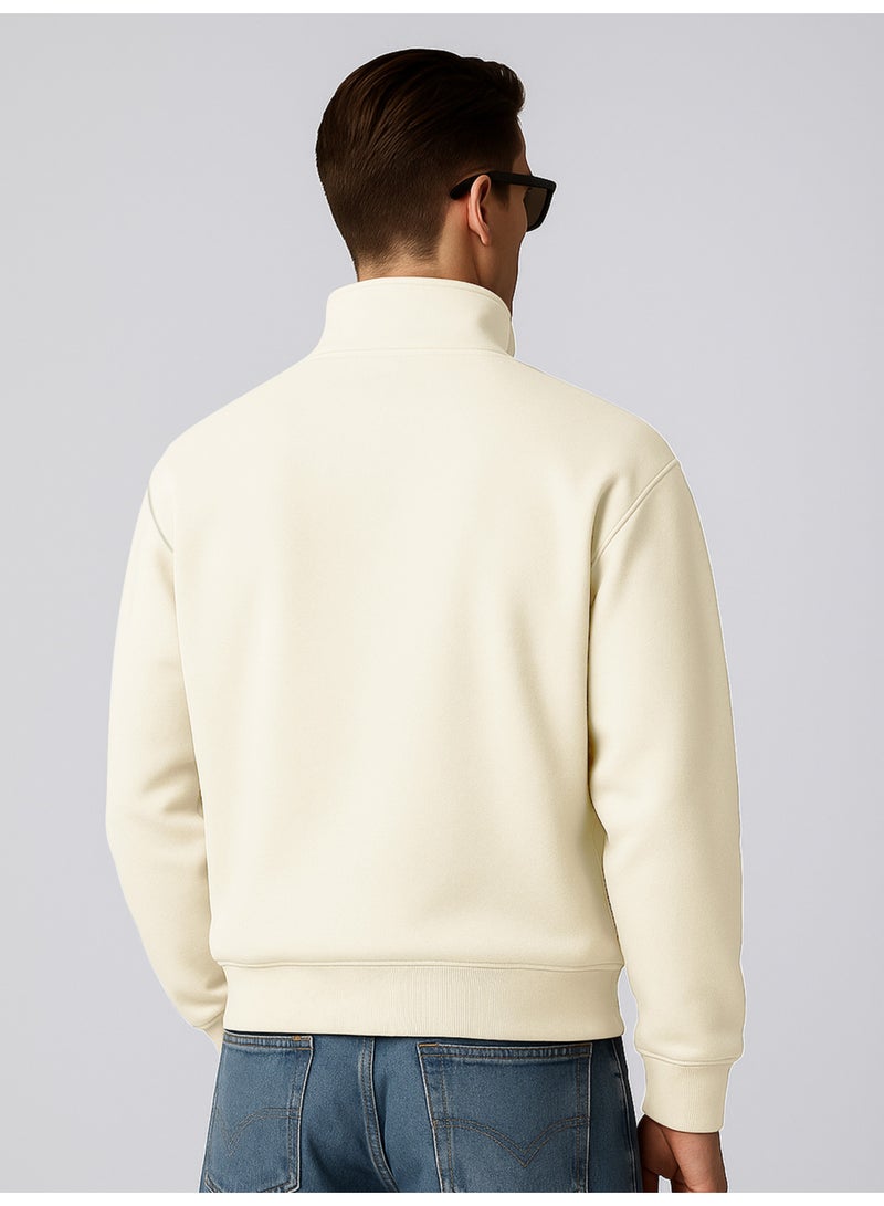 Maniac Mens Plain High Neck Full Sleeve Cream Cotton Fleece Sweatshirt - Image 3