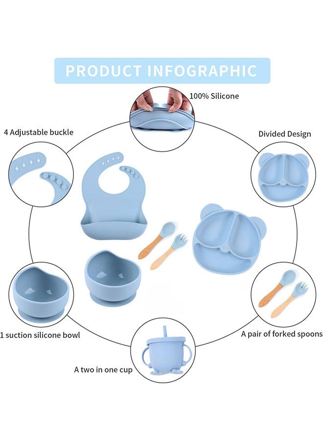 Super ZYouth 6-Pieces Silicone Baby Feeding Set, Baby Led Weaning Supplies with Suction Bowl and Divided Plate, Wooden Spoon and Fork, Sippy Cups, Toddler Tableware Set with Adjustable Soft Silicone Bib - Image 3