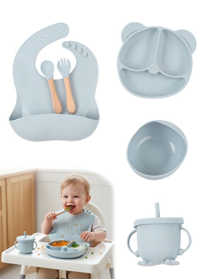 Super ZYouth 6-Pieces Silicone Baby Feeding Set, Baby Led Weaning Supplies with Suction Bowl and Divided Plate, Wooden Spoon and Fork, Sippy Cups, Toddler Tableware Set with Adjustable Soft Silicone Bib - Image 1