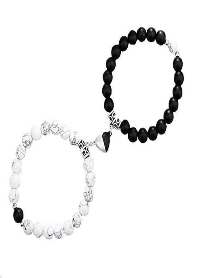 Hasrat Couples Distance Bracelets, Black and White Marble Beaded, Magnetic Heart Design, - Image 1