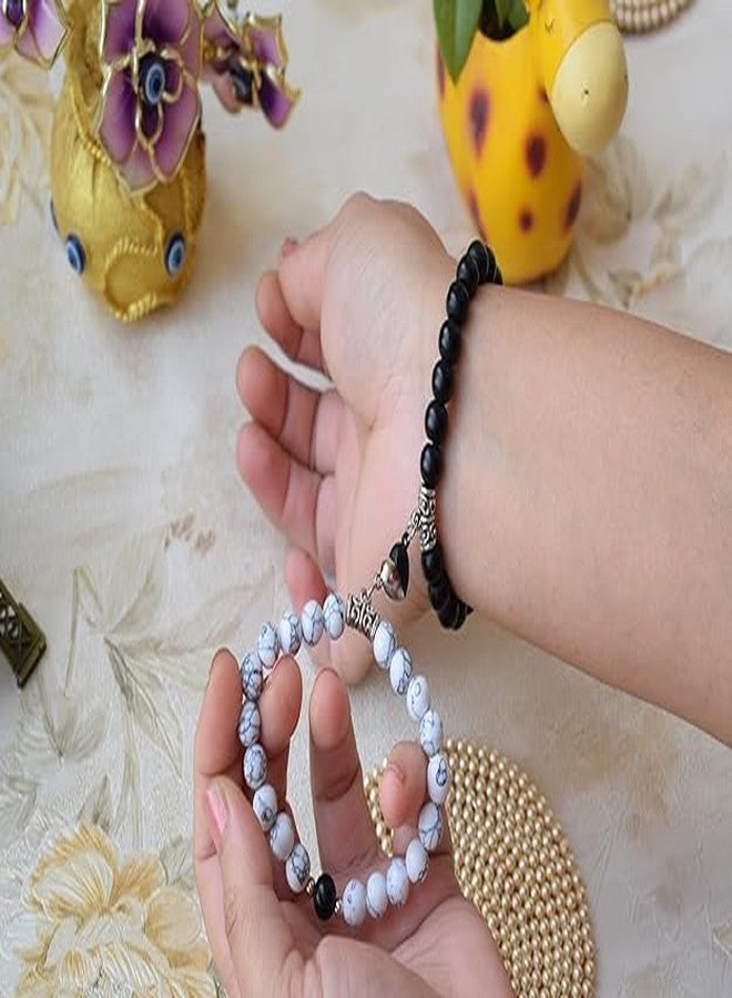 Hasrat Couples Distance Bracelets, Black and White Marble Beaded, Magnetic Heart Design, - Image 5