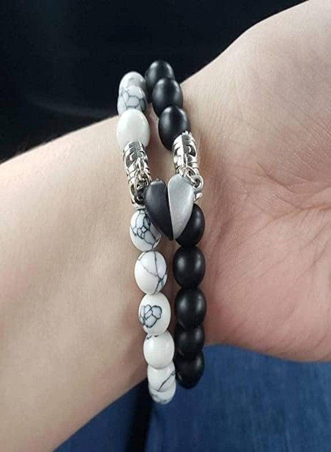 Hasrat Couples Distance Bracelets, Black and White Marble Beaded, Magnetic Heart Design, - Image 3