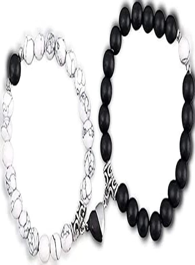 Hasrat Couples Distance Bracelets, Black and White Marble Beaded, Magnetic Heart Design, - Image 4