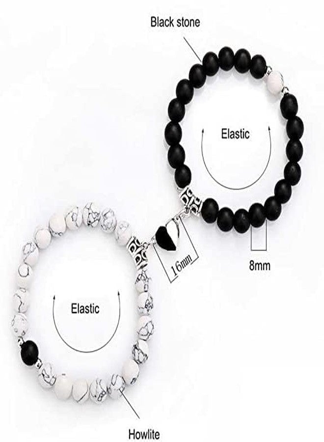 Hasrat Couples Distance Bracelets, Black and White Marble Beaded, Magnetic Heart Design, - Image 2