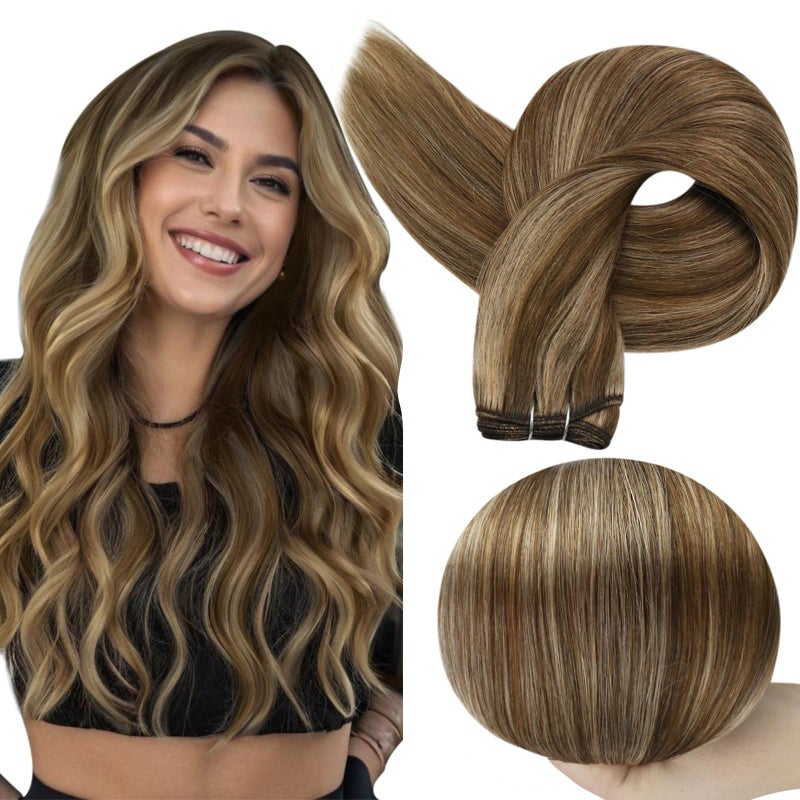 Full Shine 24 Inch Sew In Hair Extensions Real Human Hair Weft Hair Extensions For Women Color Brown Highlight Honey Blonde Straight Human Hair Bundles Hair Extensions Real Human Hair Sew In 105G