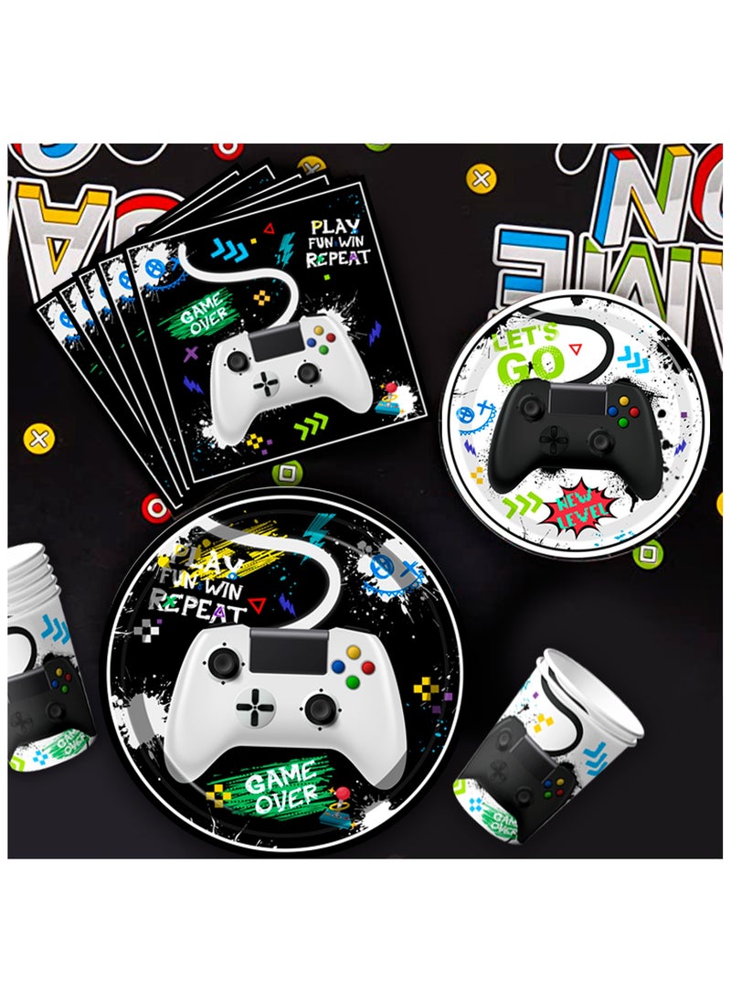 FRUITFUL PARTY - Video Game Party Decorations for 16 Guests, Gamer Birthday Disposable Tableware Set Watercolor Video Game Party Paper Plates - Image 1