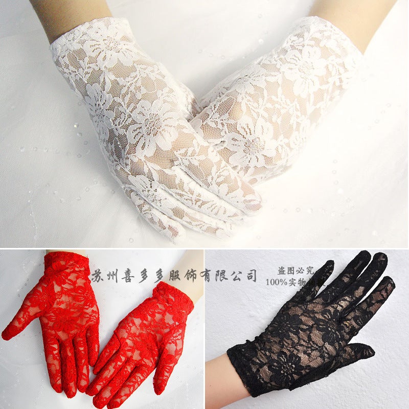 Lace Gloves Bridal Sun Protection Summer Wedding Red  - Image 3