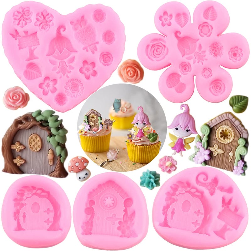 ZiXiang Enchanted Vintage Fairy Garden Fairy Gnome Home Door Window Silicone Molds Flower Leaf Mushroom Fondant Mold For Rose Cake Decorating Cupcake Candy Chocolate Gum Paste Set Of 5