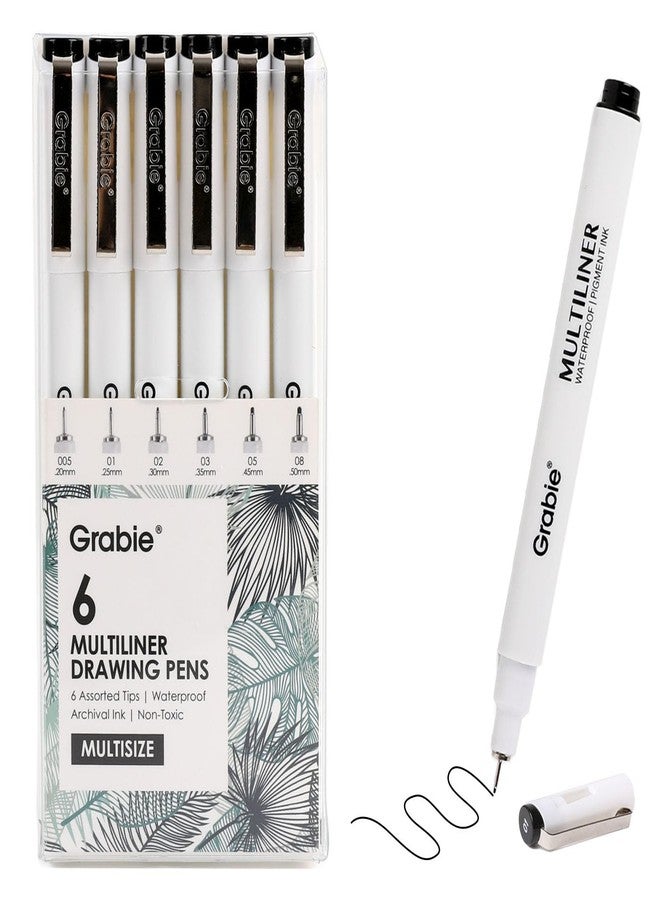Grabie Black Ink Waterproof Multiliner Drawing Pen Set of 6, Professional Smudge-proof Archival Fineliners, Precision Micro-Line Pens for Artists, Sketching, Illustration, 6 Assorted Nib Sizes - Image 1
