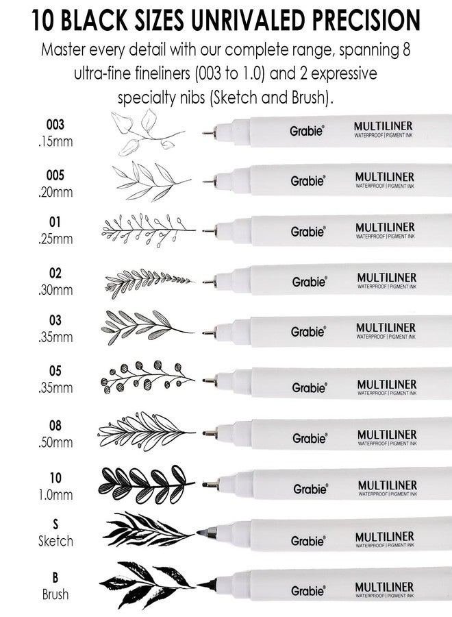 Grabie Black Ink Waterproof Multiliner Drawing Pen Set of 6, Professional Smudge-proof Archival Fineliners, Precision Micro-Line Pens for Artists, Sketching, Illustration, 6 Assorted Nib Sizes - Image 2