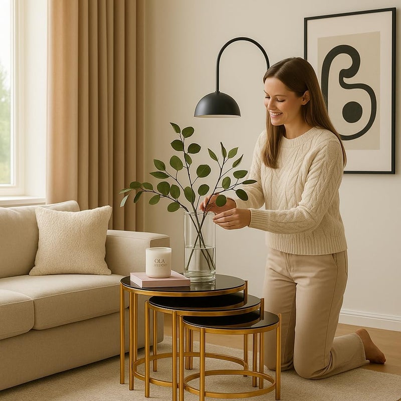 Harmony HomeLuxury Black Round Nesting Coffee Table Set of 3 | Modern Gold Rod Design | Elegant Living Room Center & Tea Table Combo | Space-Saving Home & Office Furniture - Image 3