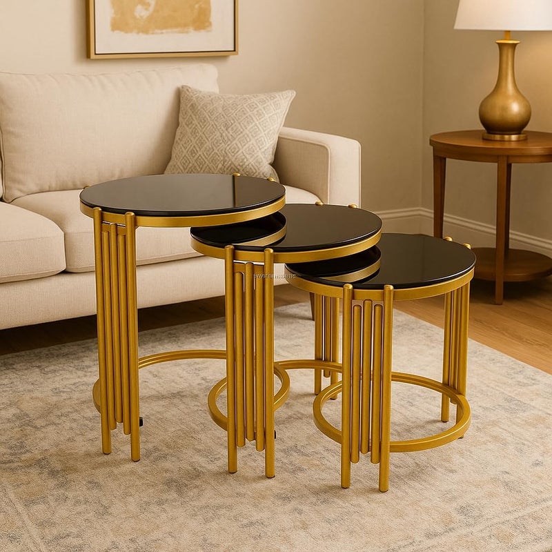 Harmony HomeLuxury Black Round Nesting Coffee Table Set of 3 | Modern Gold Rod Design | Elegant Living Room Center & Tea Table Combo | Space-Saving Home & Office Furniture - Image 4