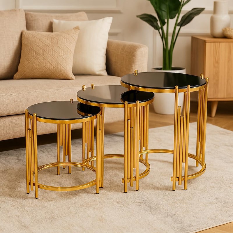 Harmony HomeLuxury Black Round Nesting Coffee Table Set of 3 | Modern Gold Rod Design | Elegant Living Room Center & Tea Table Combo | Space-Saving Home & Office Furniture - Image 2