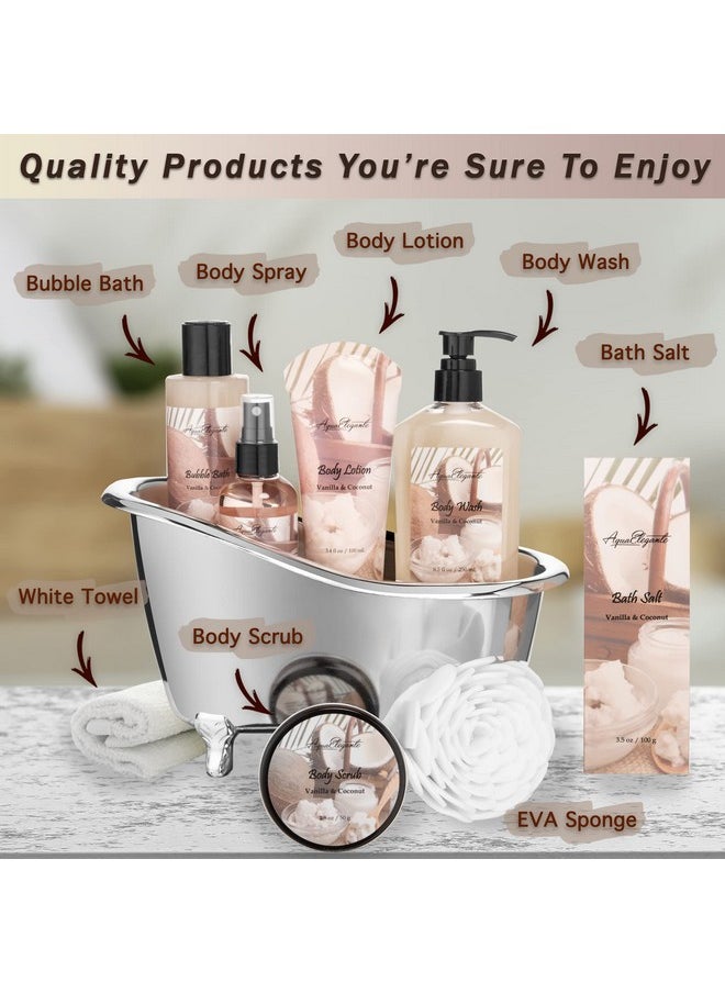 Aqua Elegante - Spa Gift Baskets For Womenluxury Bath Set With Coconut & Vanillaspa Kit Includes Body Wash Bubble Bath Lotion Bath Salts Body Scrub Body Spray Shower Puff And Towel - Image 1