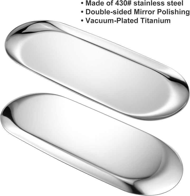 Bidponds 2 Pack Silver Oval Vanity Tray, Stainless Steel Jewelry Tray, Bathroom Tray, Makeup Cosmetic Trays,Towel Napkin Tray, Storage Organizer,9 x 3.8 inches (LxW),Medium - Image 2