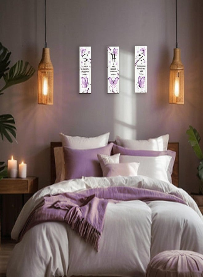 DONFENTHY 3 Pcs Butterfly Wall Decor Purple Room Wall Art Wooden Hanging Butterfly Decor with Bible Word Sign for Teen Girls Women Bathroom Bedroom(Purple,12x4 Inch) - Image 2