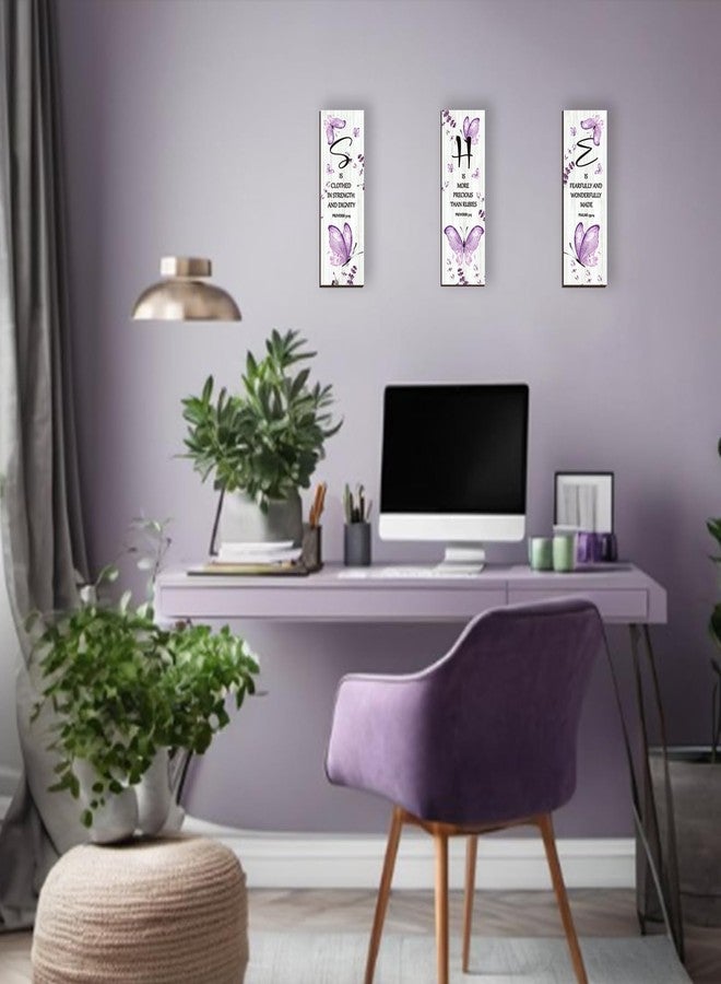 DONFENTHY 3 Pcs Butterfly Wall Decor Purple Room Wall Art Wooden Hanging Butterfly Decor with Bible Word Sign for Teen Girls Women Bathroom Bedroom(Purple,12x4 Inch) - Image 3
