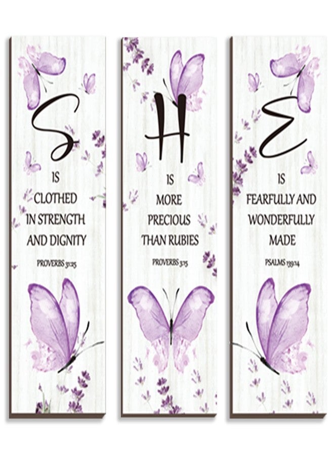 DONFENTHY 3 Pcs Butterfly Wall Decor Purple Room Wall Art Wooden Hanging Butterfly Decor with Bible Word Sign for Teen Girls Women Bathroom Bedroom(Purple,12x4 Inch) - Image 1