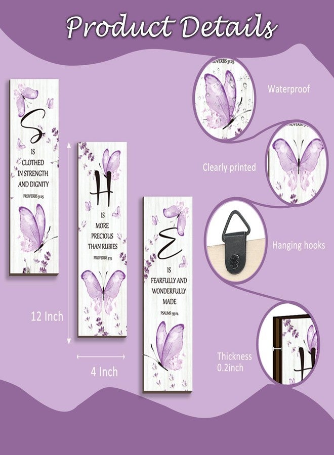 DONFENTHY 3 Pcs Butterfly Wall Decor Purple Room Wall Art Wooden Hanging Butterfly Decor with Bible Word Sign for Teen Girls Women Bathroom Bedroom(Purple,12x4 Inch) - Image 4