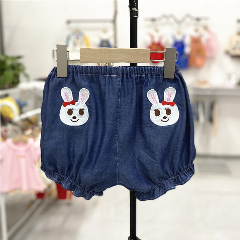 Japanese Style 24 New Soft Denim Embroidered Bear and Rabbit Japanese Style Shorts for Boys and Girls Large Pp Outer Wear Kidsren's Pants - Image 1