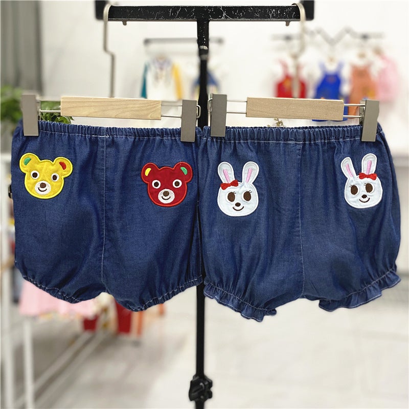 Japanese Style 24 New Soft Denim Embroidered Bear and Rabbit Japanese Style Shorts for Boys and Girls Large Pp Outer Wear Kidsren's Pants - Image 3