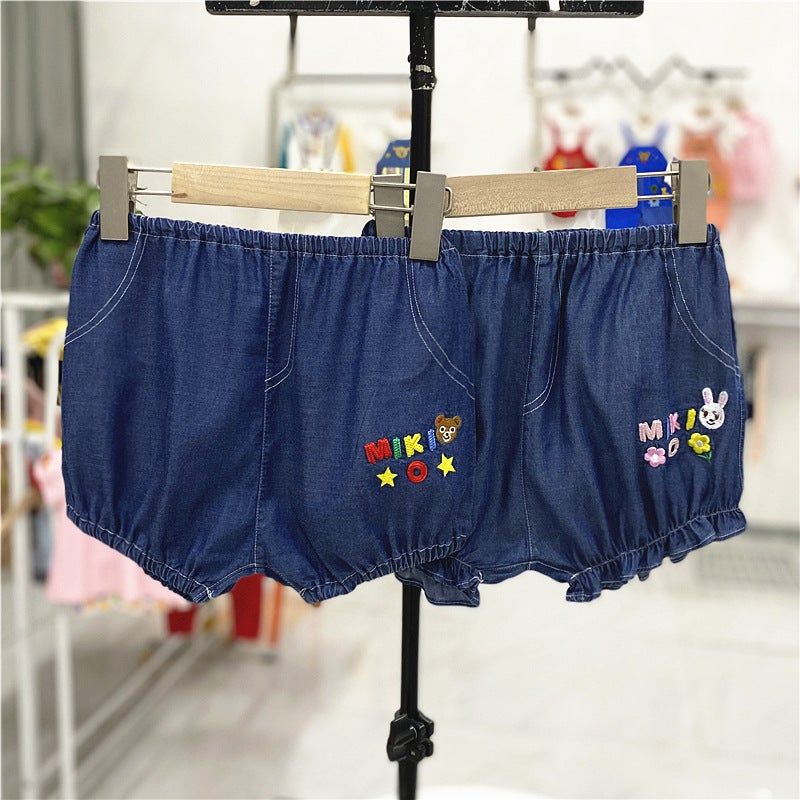Japanese Style 24 New Soft Denim Embroidered Bear and Rabbit Japanese Style Shorts for Boys and Girls Large Pp Outer Wear Kidsren's Pants - Image 4