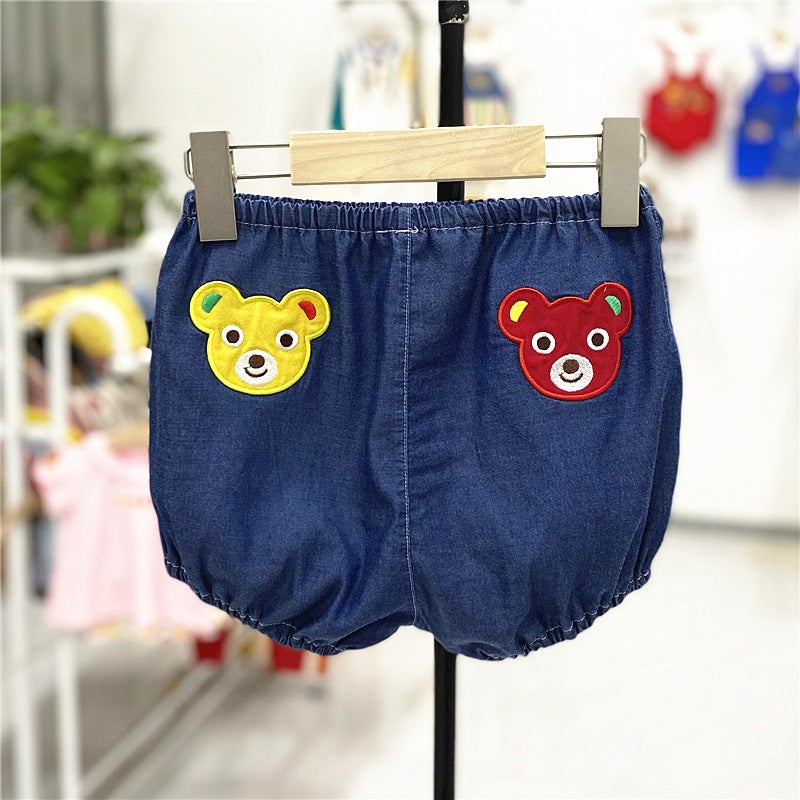 Japanese Style 24 New Soft Denim Embroidered Bear and Rabbit Japanese Style Shorts for Boys and Girls Large Pp Outer Wear Kidsren's Pants - Image 5