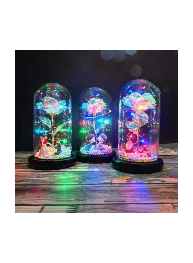 Gold Pattern Artificial Rose Flower for Valentine's Day Thanksgiving Mother's Day Girl's Birthday Gift with LED Dome Lights 3D Wooden Base for Wedding Party, Multi Color - Image 2