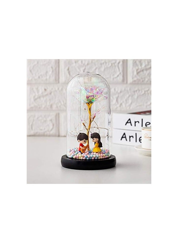 Gold Pattern Artificial Rose Flower for Valentine's Day Thanksgiving Mother's Day Girl's Birthday Gift with LED Dome Lights 3D Wooden Base for Wedding Party, Multi Color - Image 3